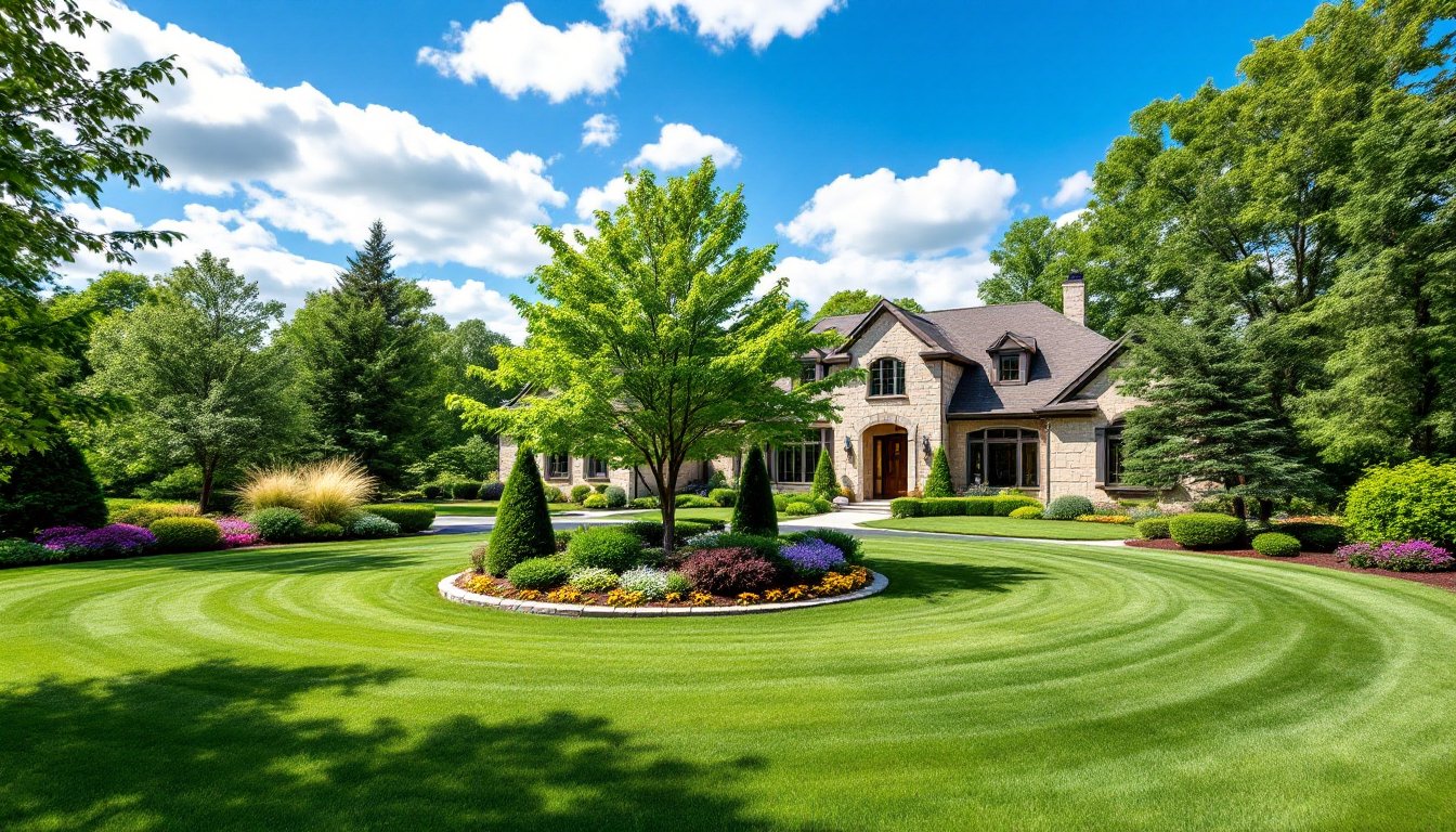 front yard circular driveway landscaping